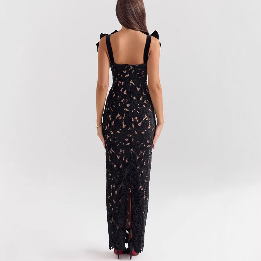 Women's form-fitting floor-length lace evening dress in column shape with decorative bow straps StylebySassy