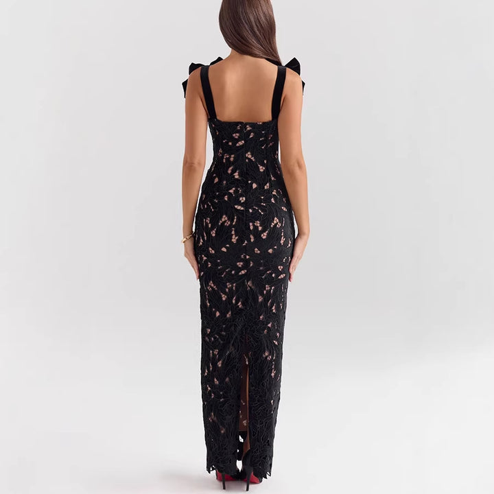 Women's form-fitting floor-length lace evening dress in column shape with decorative bow straps StylebySassy