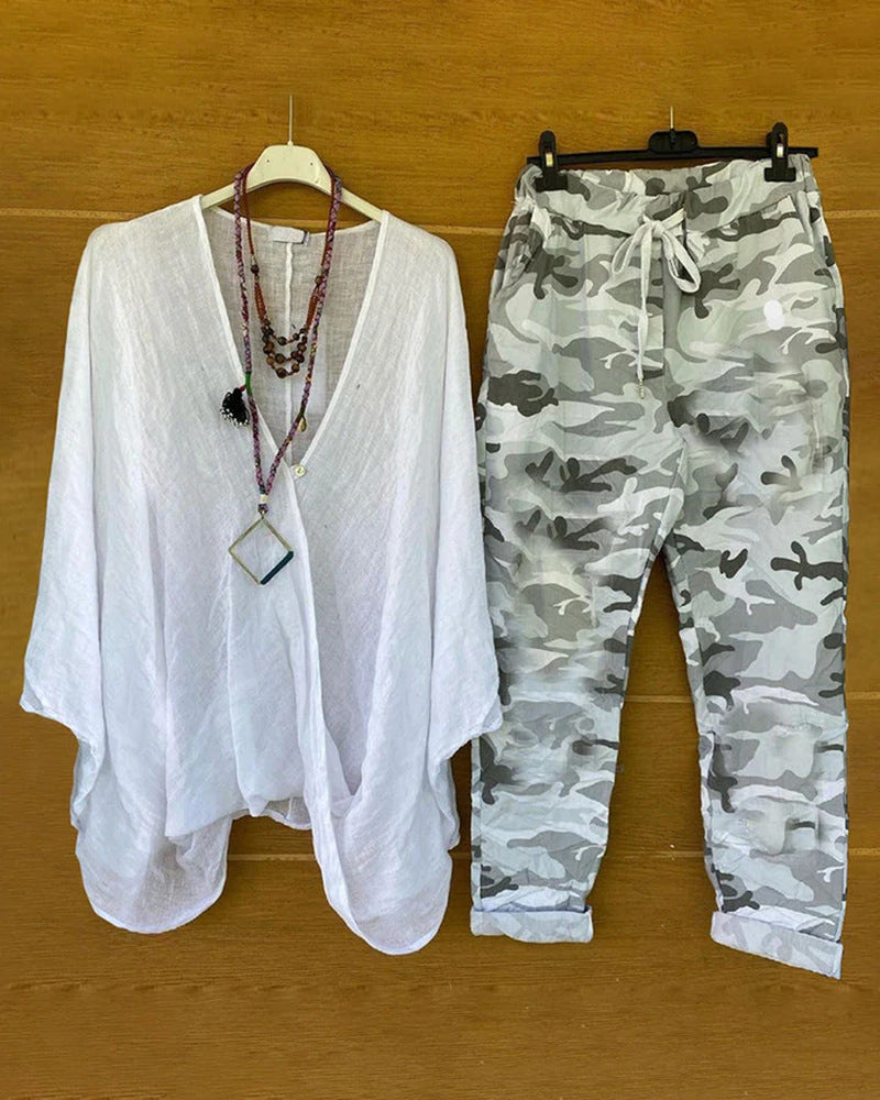 Women's two-piece outfit consisting of flowing kimono top and camouflage jogging pants StylebySassy