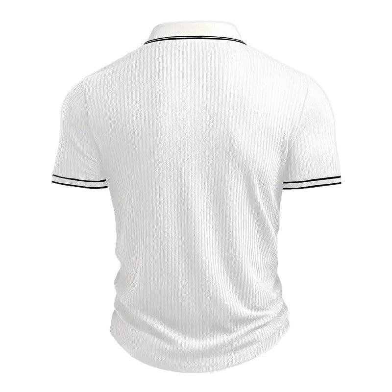 Men's fitted short-sleeve polo with Kent collar, short button placket, and fine vertical rib structure StylebySassy
