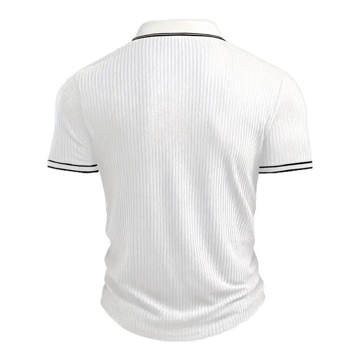 Men's fitted short-sleeve polo with Kent collar, short button placket, and fine vertical rib structure StylebySassy