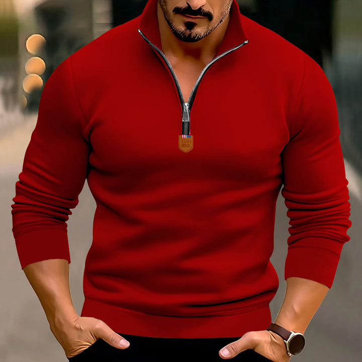 Men's narrow cut fine knit pullover with short zipper, shaping seams, and stretch waistband StylebySassy