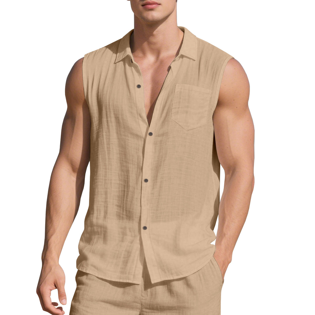 Men's sleeveless camp shirt with open button placket and drawstring waistband pants in linen look StylebySassy