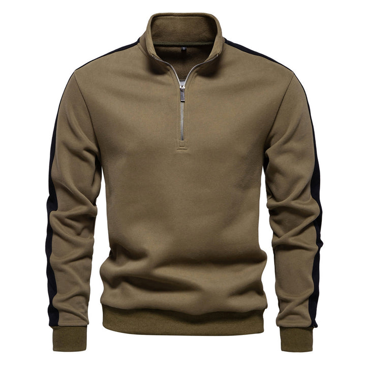 Men's stand-up collar sweater with short zipper and contrast side stripes StylebySassy