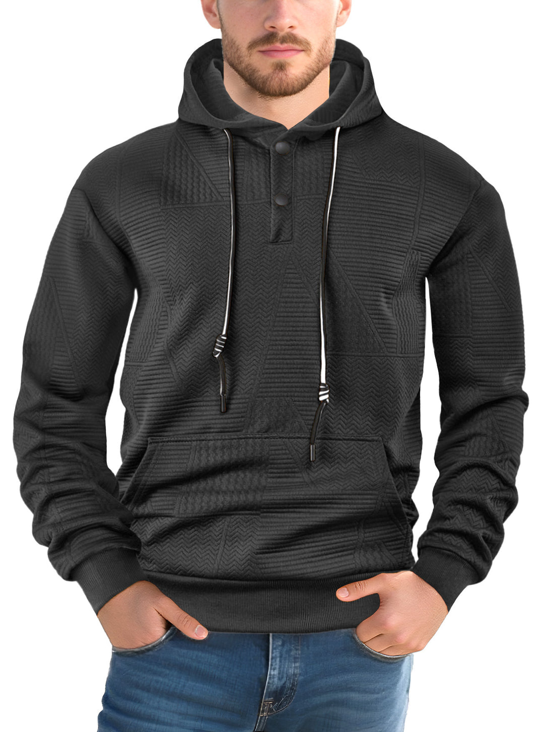 Men's structured hoodie with snap button placket and kangaroo pocket StylebySassy
