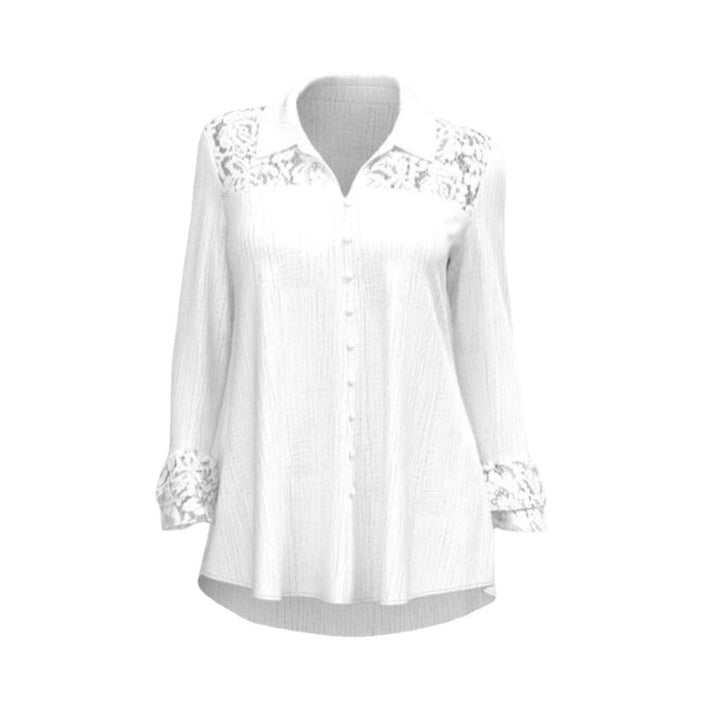 Ladies' semi-transparent crepe blouse with lace yoke, fabric-covered buttons, and three-quarter flounce sleeves StylebySassy