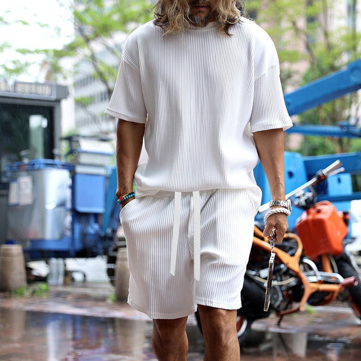 Men's casual waffle jersey set with loose top and drawstring shorts StylebySassy