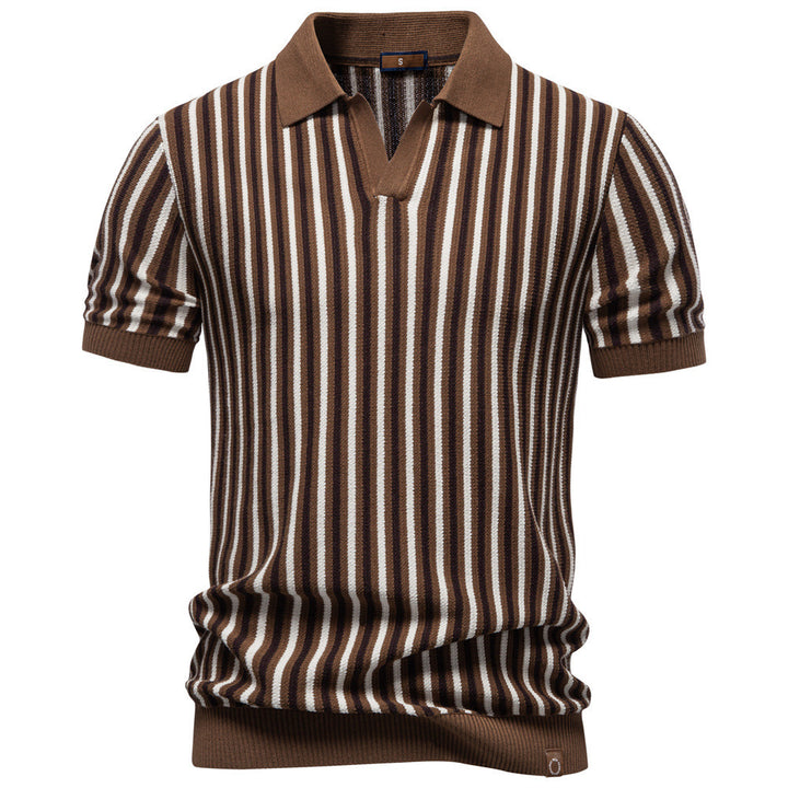 Men's striped knit polo shirt short sleeve made of fine cotton blend with polo collar and ribbed cuffs StylebySassy