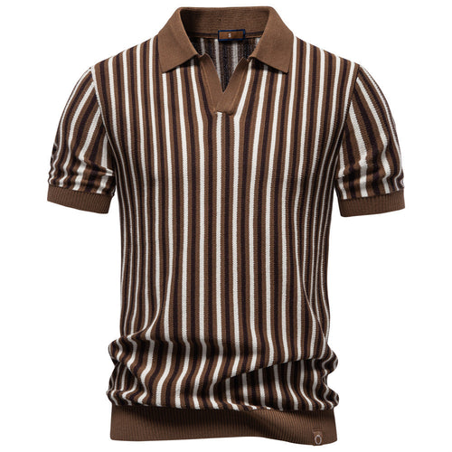 Men's striped knit polo shirt short sleeve made of fine cotton blend with polo collar and ribbed cuffs StylebySassy