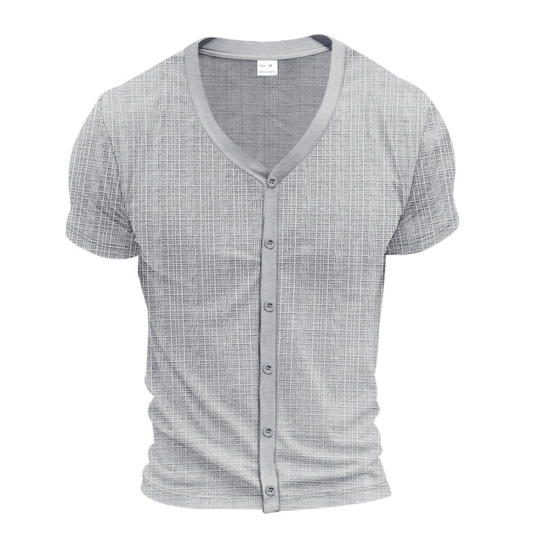 Men's short-sleeve fine knit cardigan with V-neck and continuous button placket StylebySassy