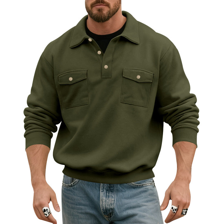 Men's polo collar sweatshirt with patch chest pockets and ribbed cuffs StylebySassy