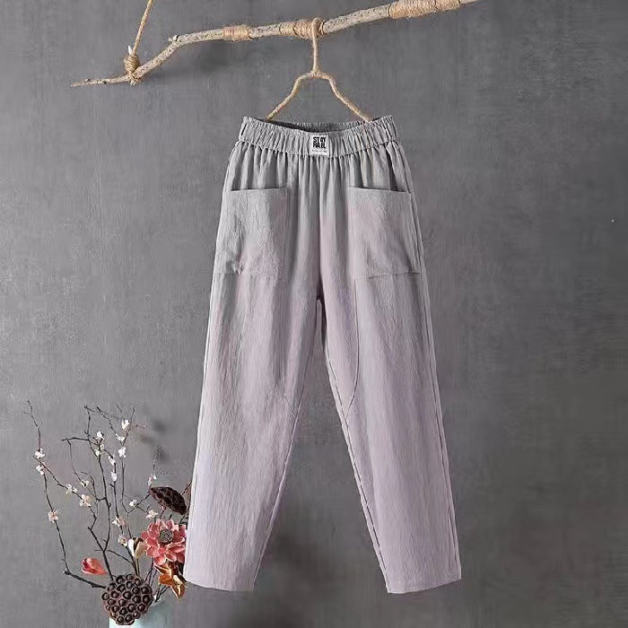 Women's straight-cut linen-look pants with elastic waistband and patch front pockets StylebySassy