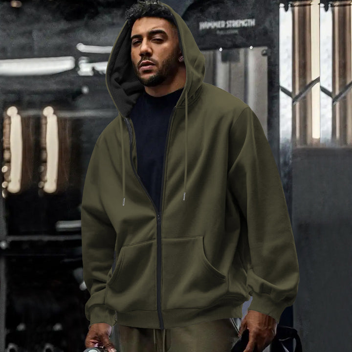 Men's oversized zip-up hoodie with kangaroo pockets and contrasting inner lining StylebySassy