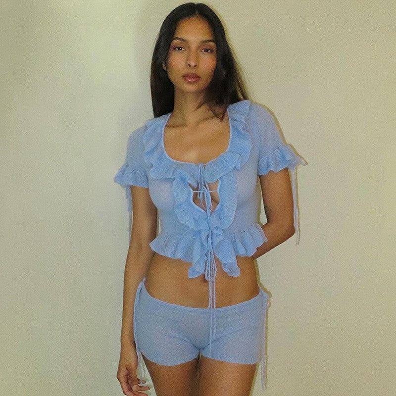 Women's Short Sleeve Lace Top with Ruffles