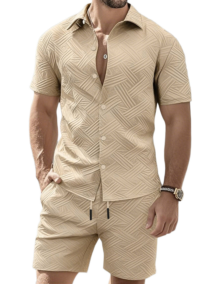 Men's nan geometric embossed short sleeve shirt and Bermuda two-piece set with shirt collar and drawstring StylebySassy