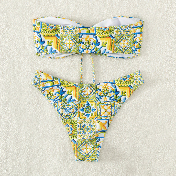 Women's bandeau bikini with sophisticated binding detail and floral print StylebySassy