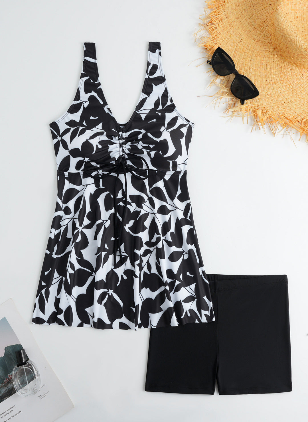 Ladies' tankini set with stylish ruffle and graphic peacock pattern StylebySassy