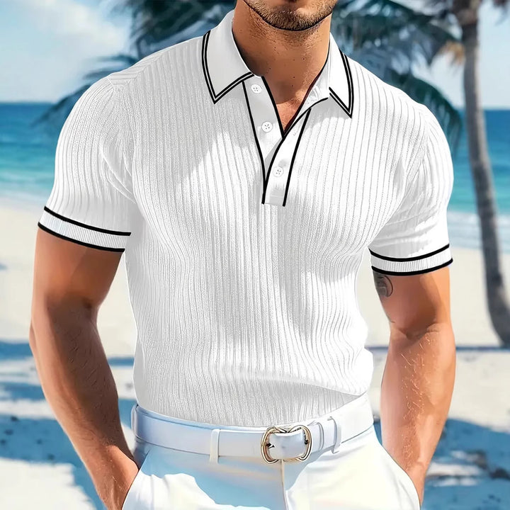 Men's fitted short-sleeve polo with Kent collar, short button placket, and fine vertical rib structure StylebySassy