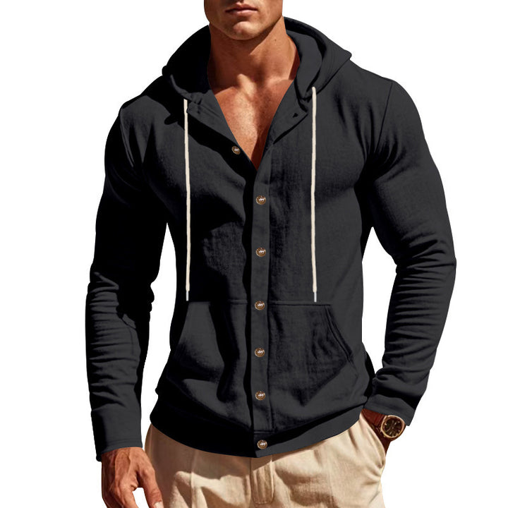 Men's slim-fit hoodie cardigan with full button placket, mounted kangaroo pocket, and lightweight structured knit StylebySassy