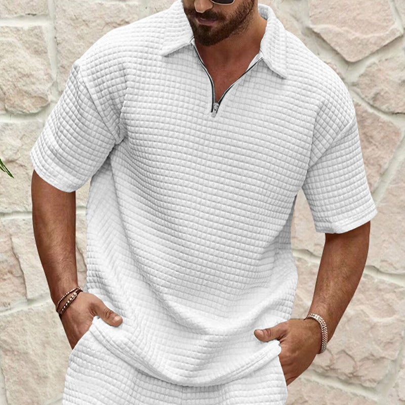 Men's polo collar ensemble with quilted box pattern, short front zipper and loose fit StylebySassy