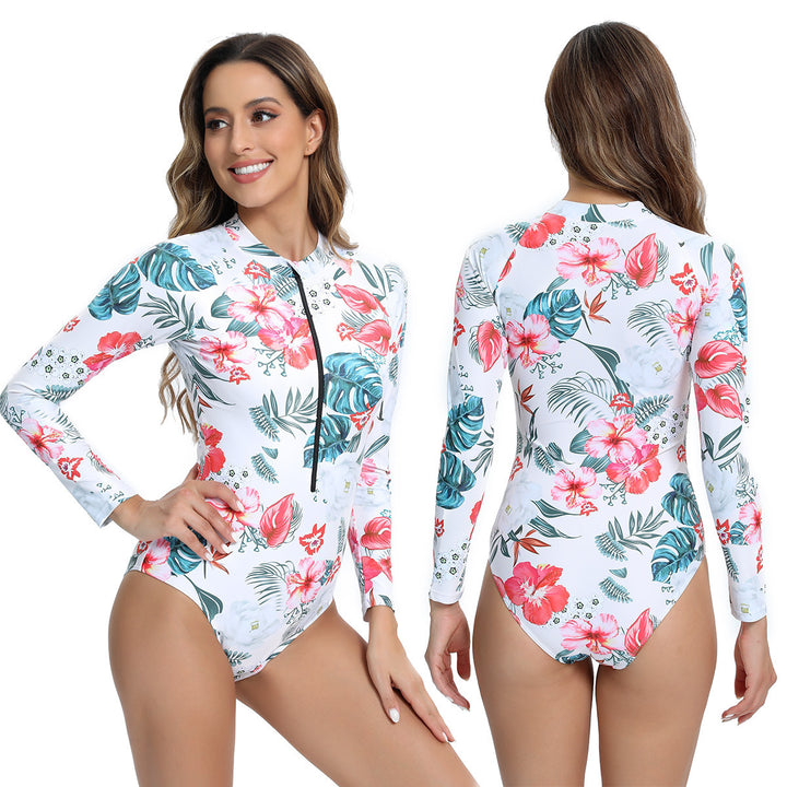 Women Long Sleeve Swimsuit with Zipper and Modern Marble Design StylebySassy