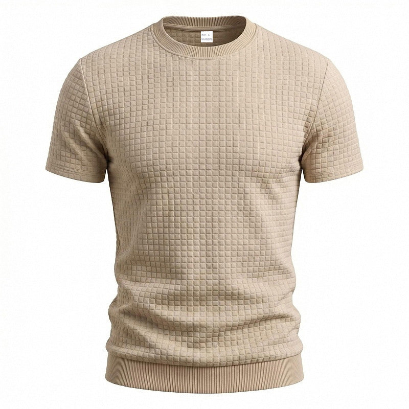 Men's short-sleeved knit shirt with embossed check structure, round neckline, and ribbed hem StylebySassy