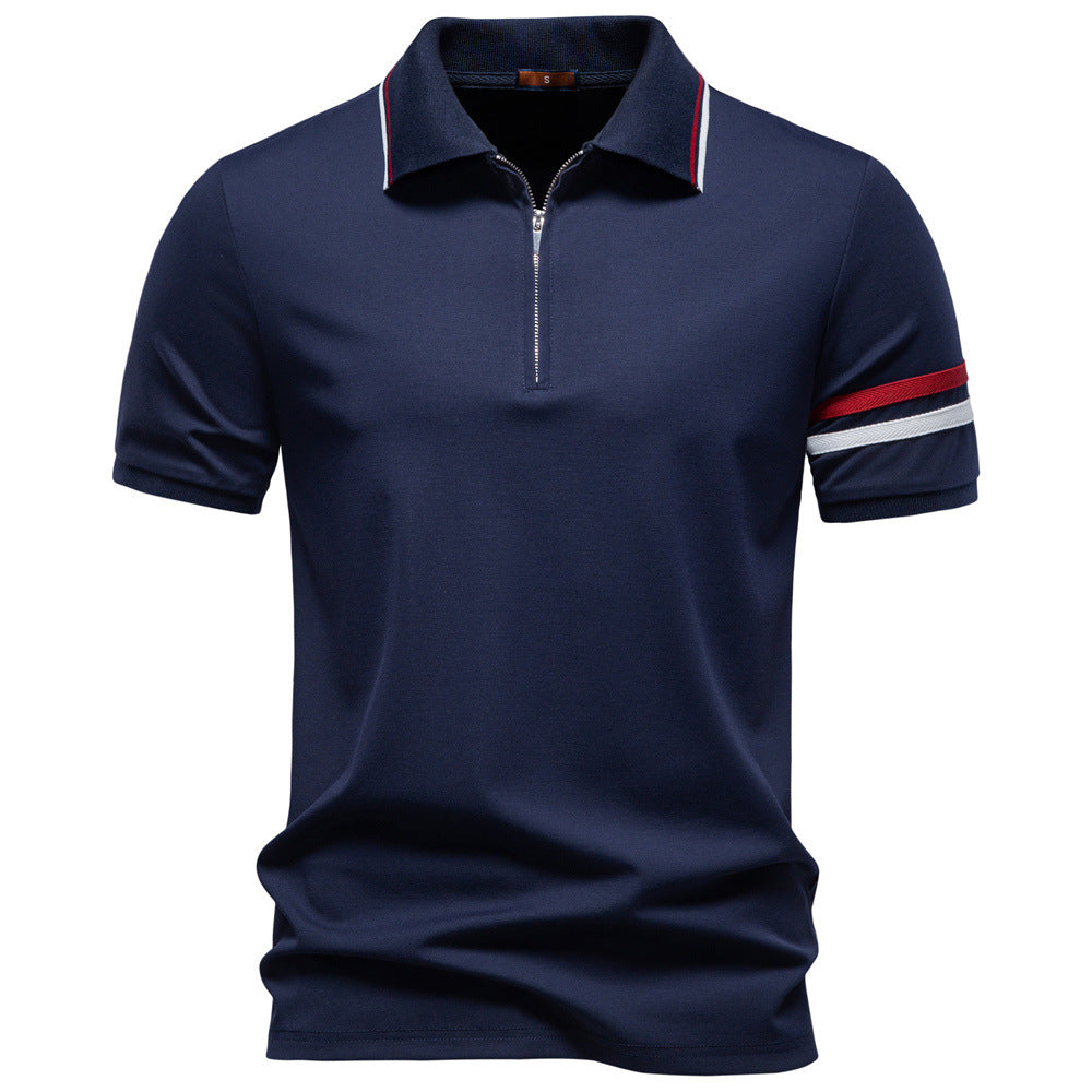 Men's breathable elastic polo shirt with short zipper and contrast stripes on sleeves StylebySassy