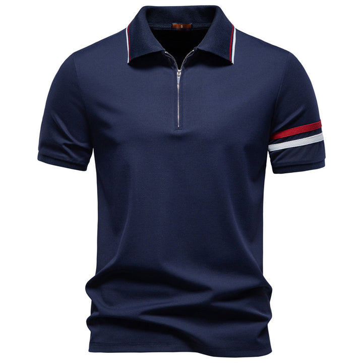 Men's breathable elastic polo shirt with short zipper and contrast stripes on sleeves StylebySassy