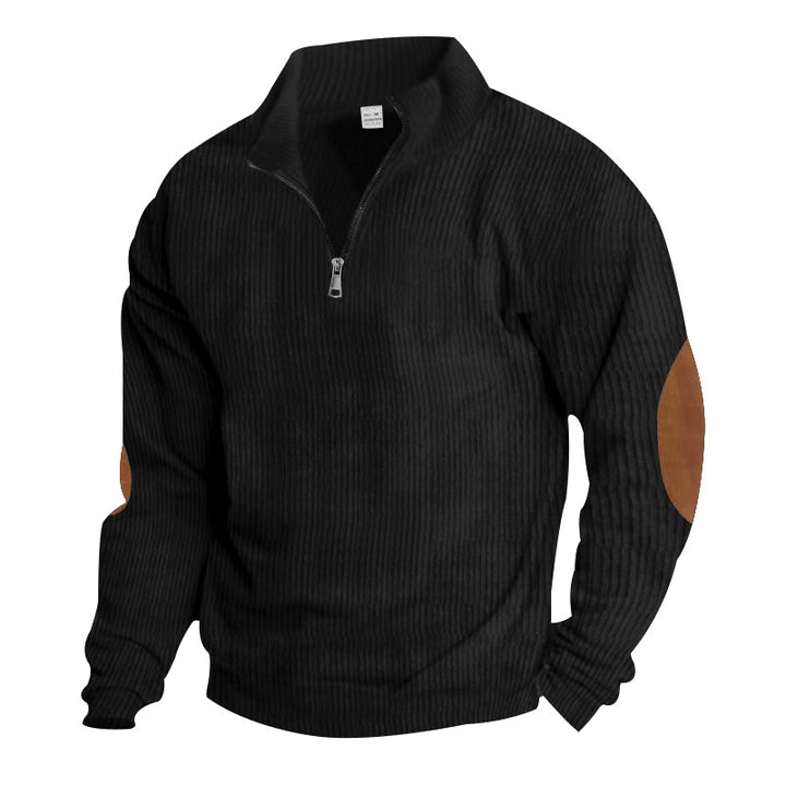Men's knitted fine knit pullover with short zipper stand-up collar and leather-look elbow patches StylebySassy