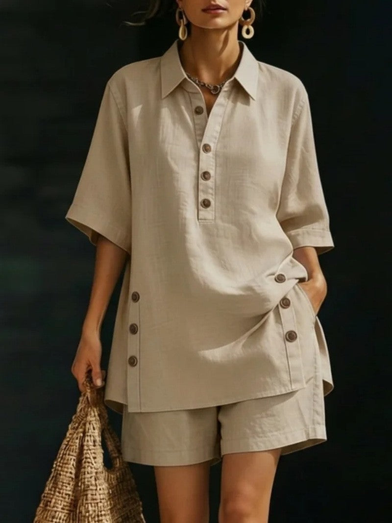 Women's airy linen-look two-piece set with oversized shirt blouse, button placket, and Bermuda shorts StylebySassy
