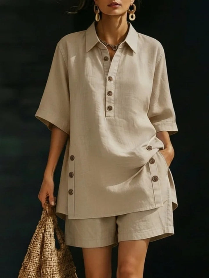 Women's airy linen-look two-piece set with oversized shirt blouse, button placket, and Bermuda shorts StylebySassy