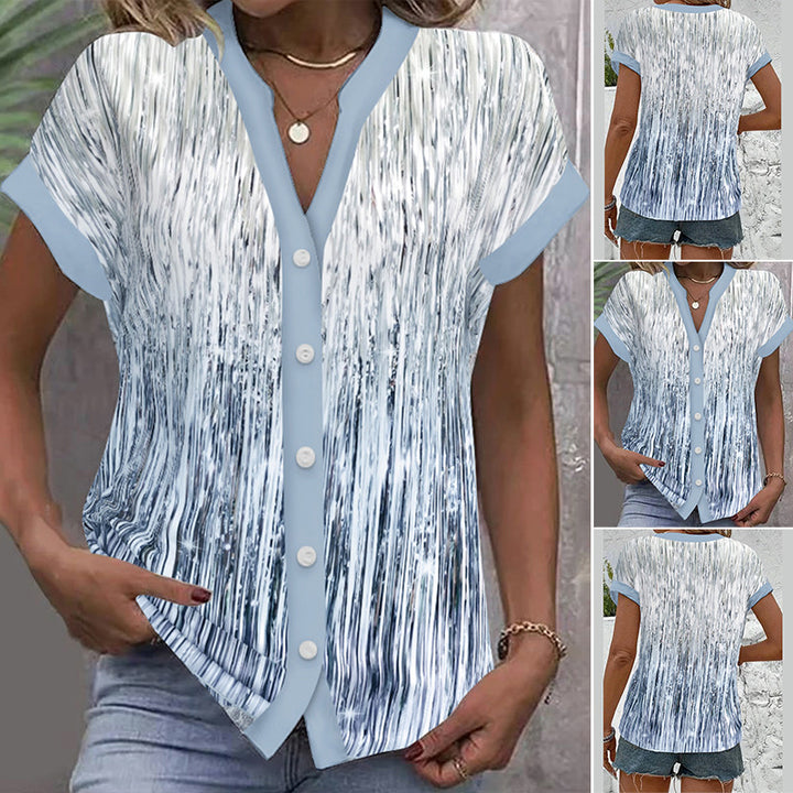 Women's short sleeve blouse with vertical brushstroke print, contrasting button placket and loose hem StylebySassy