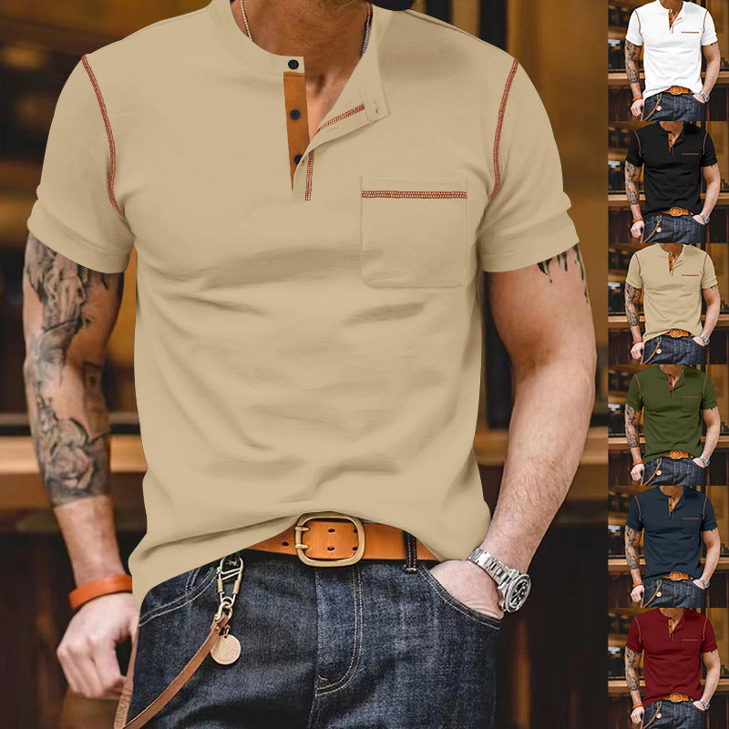 Men's short-sleeve shirt with stand-up collar, half-button placket, and chest pocket StylebySassy