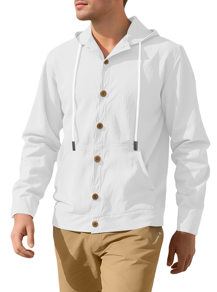 Men's lightweight hoodie jacket with button placket, kangaroo pocket, and drawstring StylebySassy