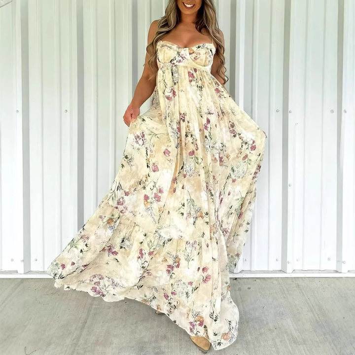 Women's strapless corset maxi dress with heart neckline, tiered ruffle skirt and nostalgic toile pattern StylebySassy