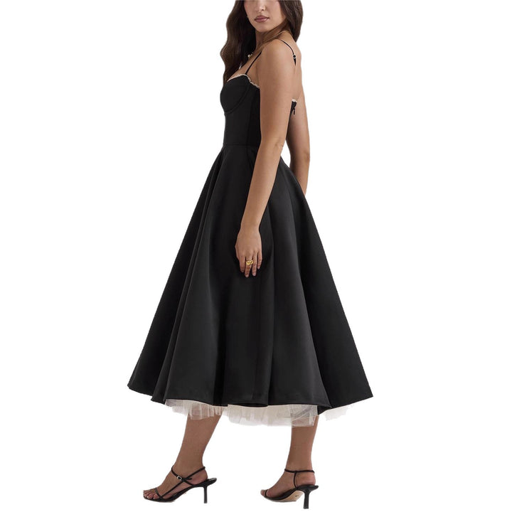 Women's tailored retro-inspired midi dress with corset underbust seams, flared skirt, and side pockets StylebySassy