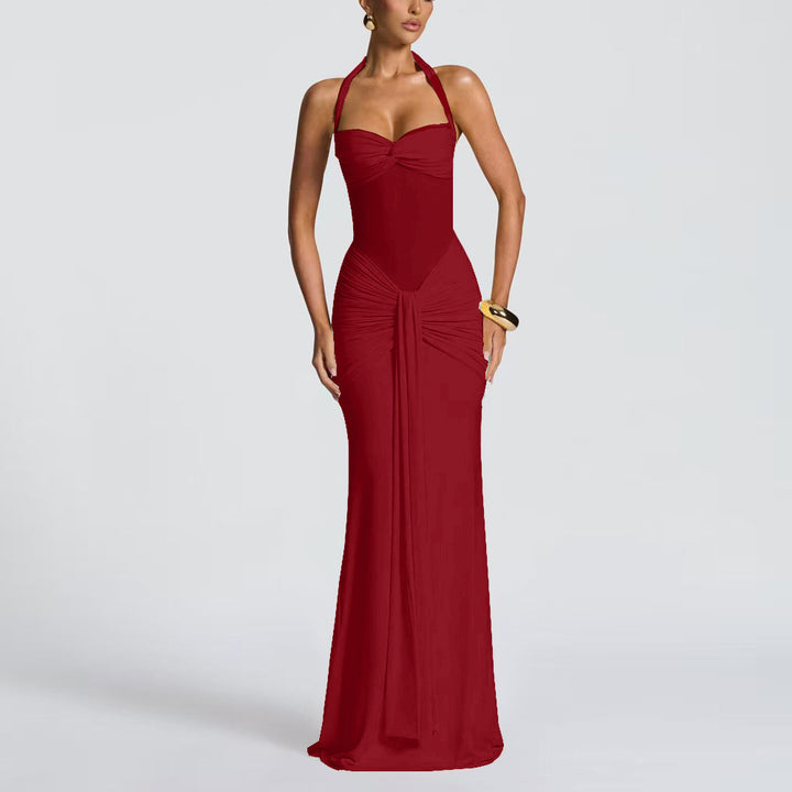 Women's figure-hugging halter evening dress with transparent mesh insert and gathered hip area StylebySassy