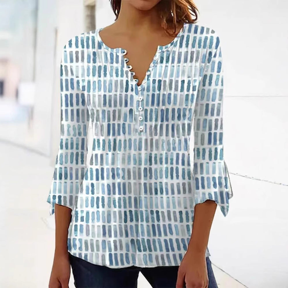 Women nan airy light watercolor print blouse shirt with Henley button placket and three-quarter bell sleeves StylebySassy
