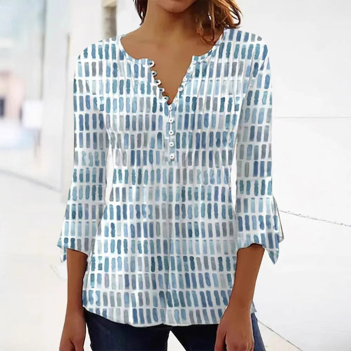 Women nan airy light watercolor print blouse shirt with Henley button placket and three-quarter bell sleeves StylebySassy