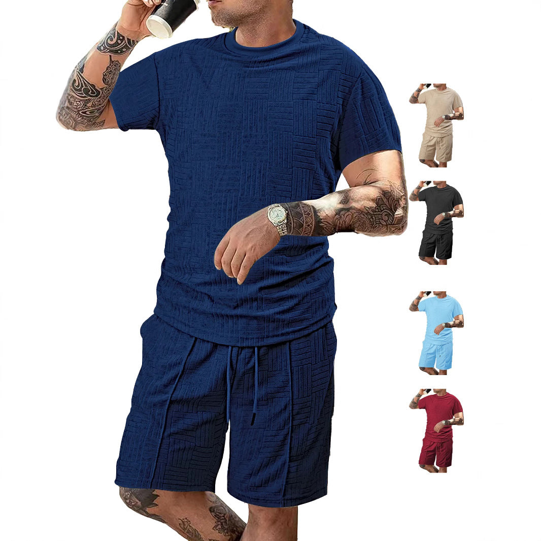 Men's nano relief structure lounge two-piece with short sleeve round neck and elastic drawstring Bermuda StylebySassy