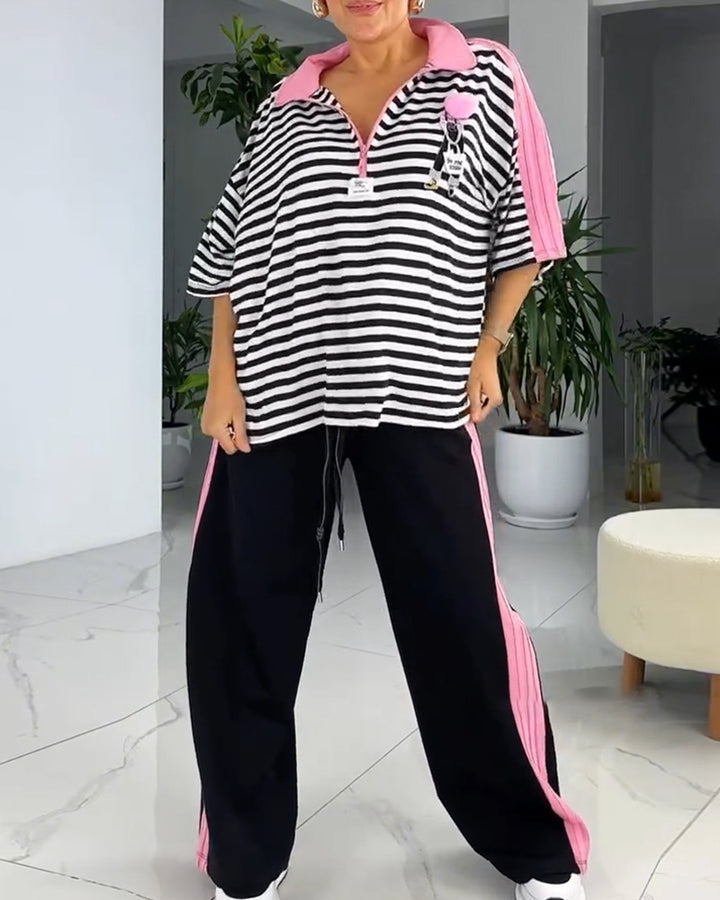 Women's casual two-piece polo lounge set with oversized stripes, pompom application, and contrasting side panels StylebySassy
