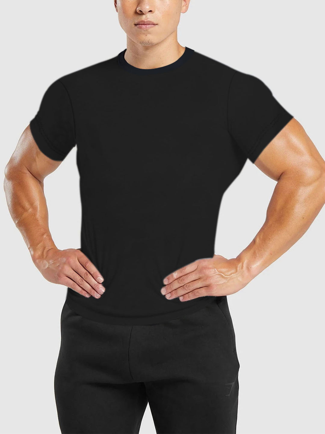 Men's slim fit round neck performance shirt with elastic side wedge and flat seams StylebySassy
