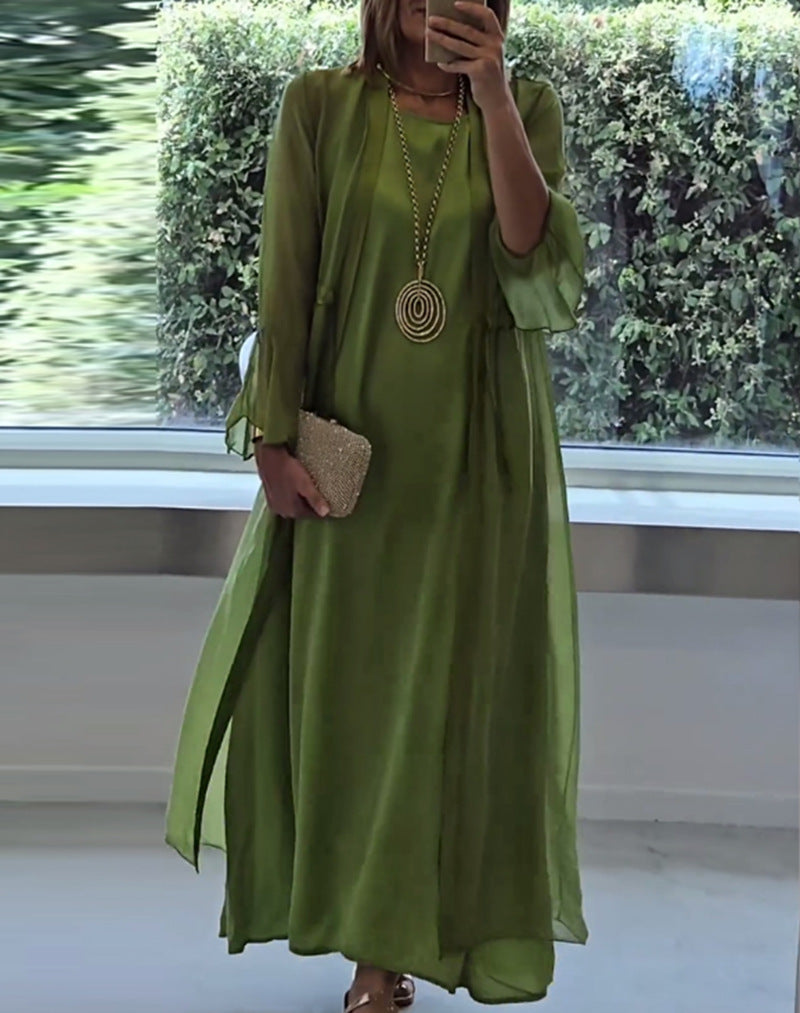 Women's double-layer evening maxi dress with transparent overlay, sleek inner dress, waist ties, and trumpet sleeves StylebySassy