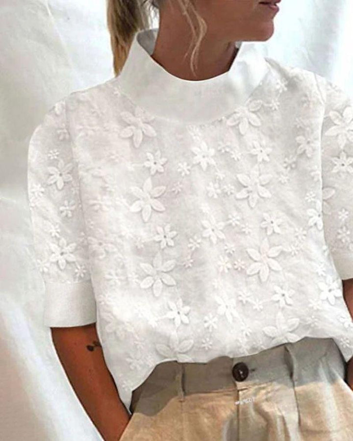 Ladies non-light embroidered blouse with stand collar and three-dimensional floral appliqué StylebySassy