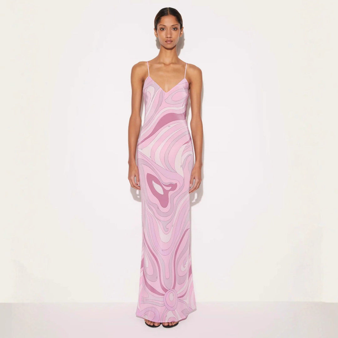 Ladies elegant slip maxi dress with V-neck, delicate spaghetti straps and retro graphic all-over print StylebySassy