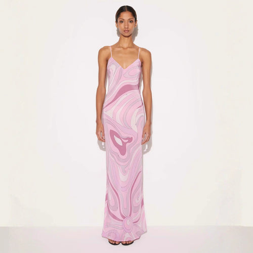 Ladies elegant slip maxi dress with V-neck, delicate spaghetti straps and retro graphic all-over print StylebySassy