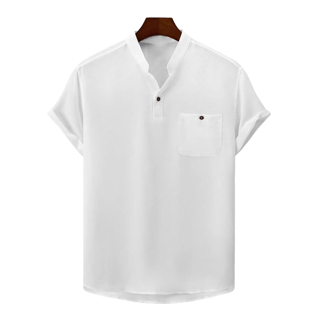 Men's casual Mandarin-style short-sleeve shirt with half-button placket, patch chest pocket, and rounded hem StylebySassy