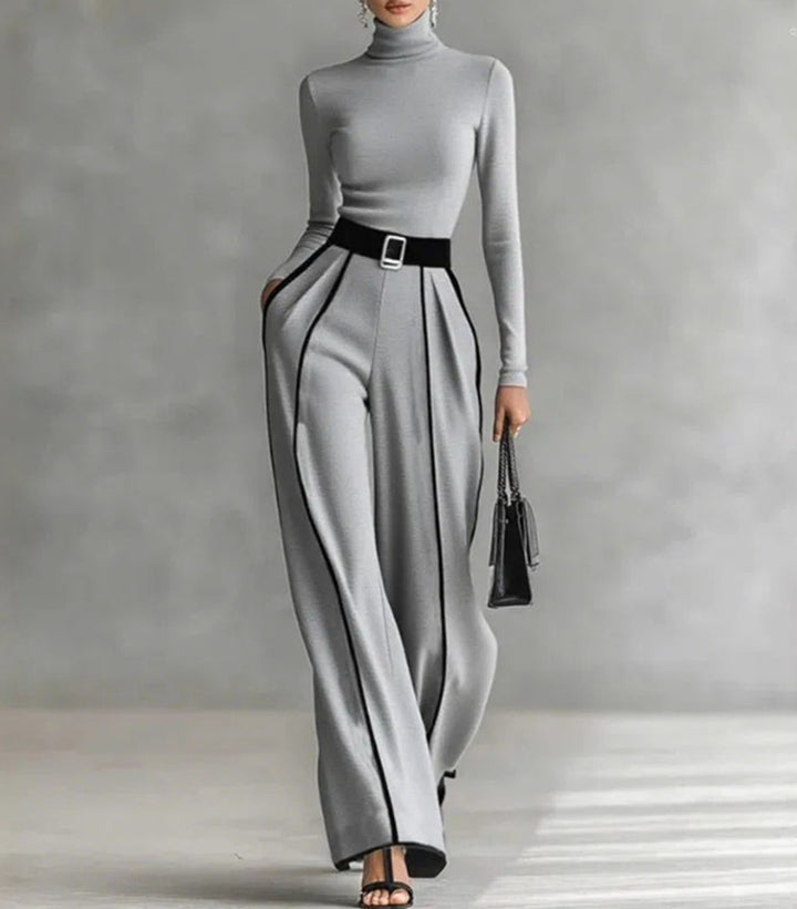 Ladies' elegant knit set with fitted turtleneck top and wide pleated trousers with waistband StylebySassy