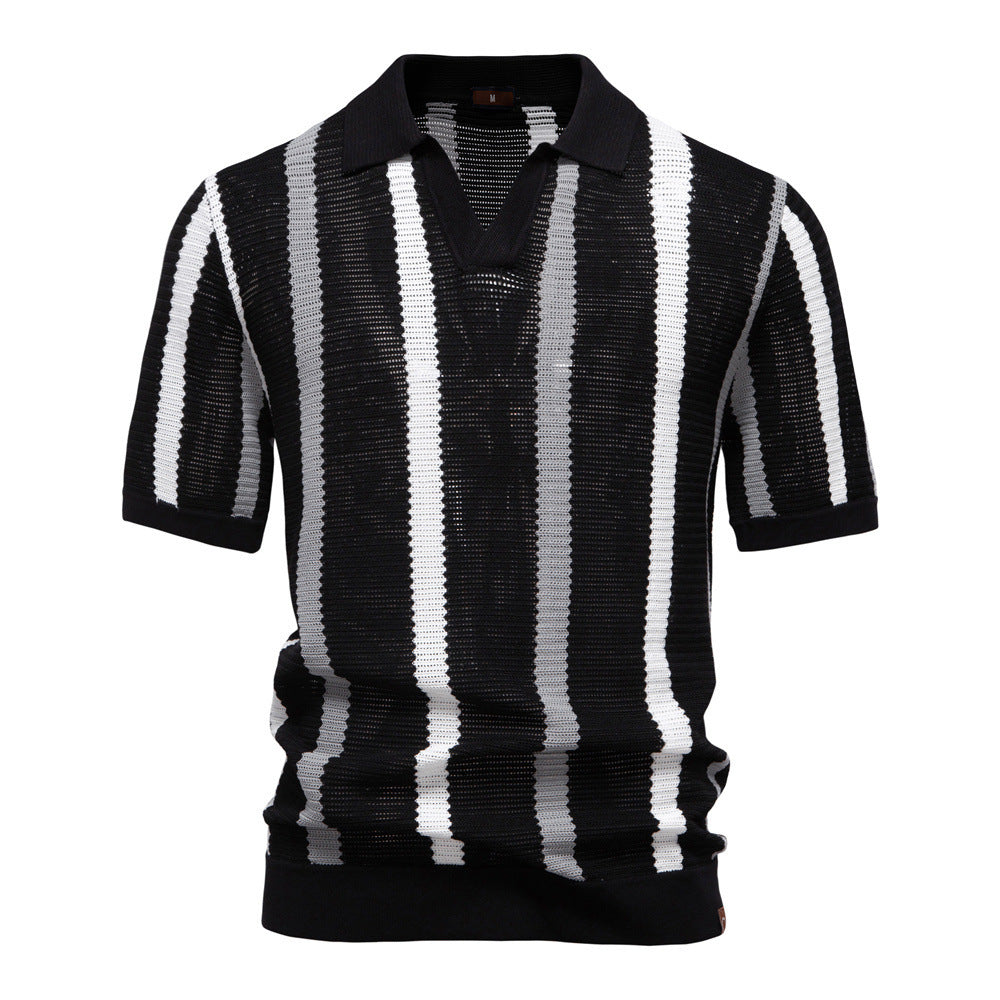 Men's short-sleeved knitted polo with collar and textured knit fabric StylebySassy