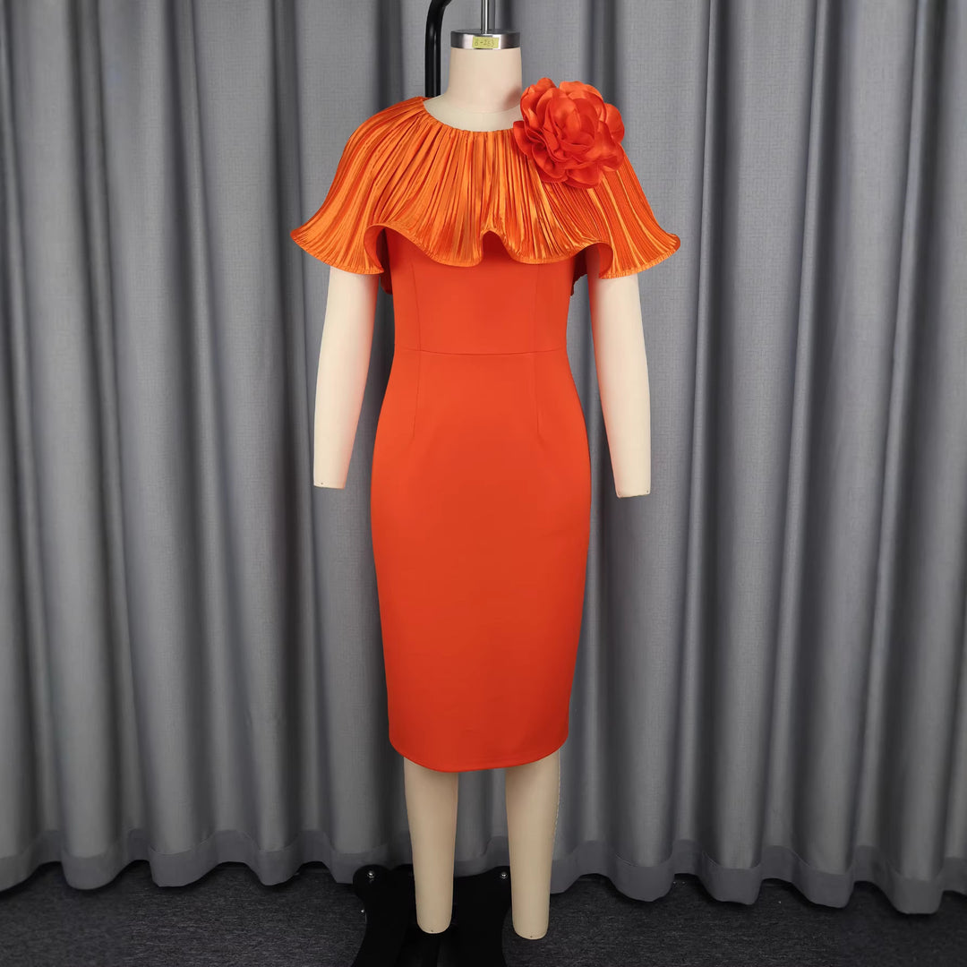 Women's form-fitting dress with voluminous collar and floral appliqué StylebySassy